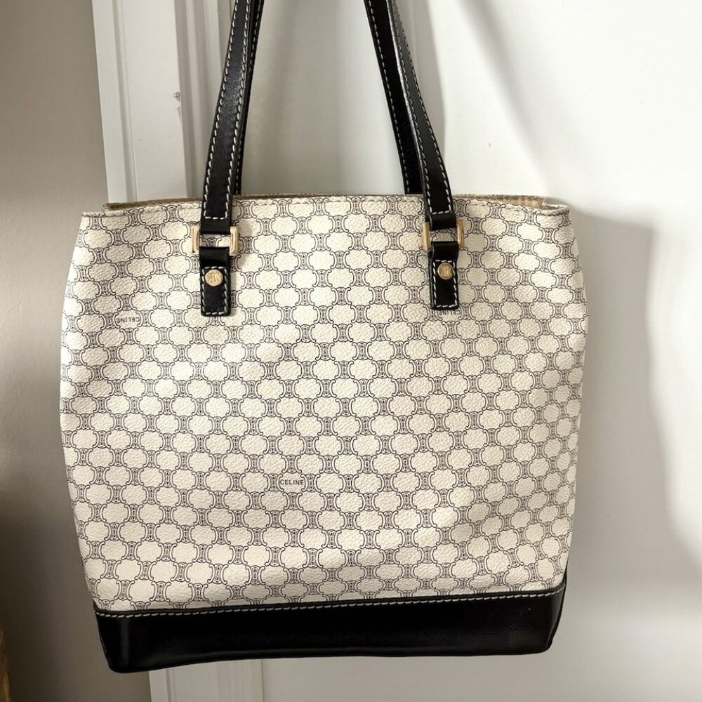 Celine White and Black Geometric Tote Bag